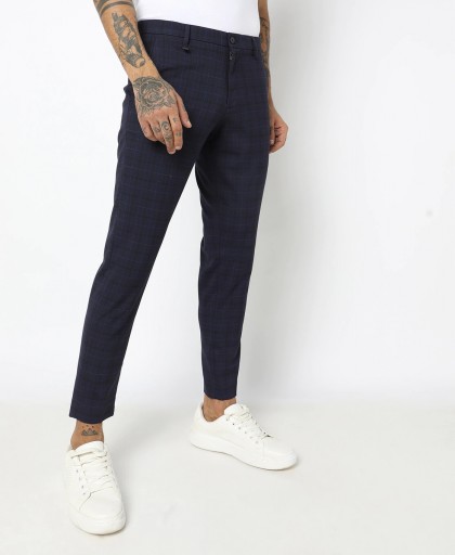 Checked Ankle-Length Slim Fit Trousers